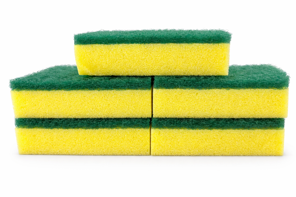 Pure Scrub Sponges, yellow with green scrub top, 5-pack, durable for kitchen cleaning.