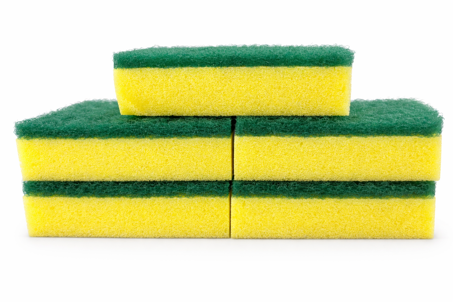 Pure Scrub Sponges, yellow with green scrub top, 5-pack, durable for kitchen cleaning.
