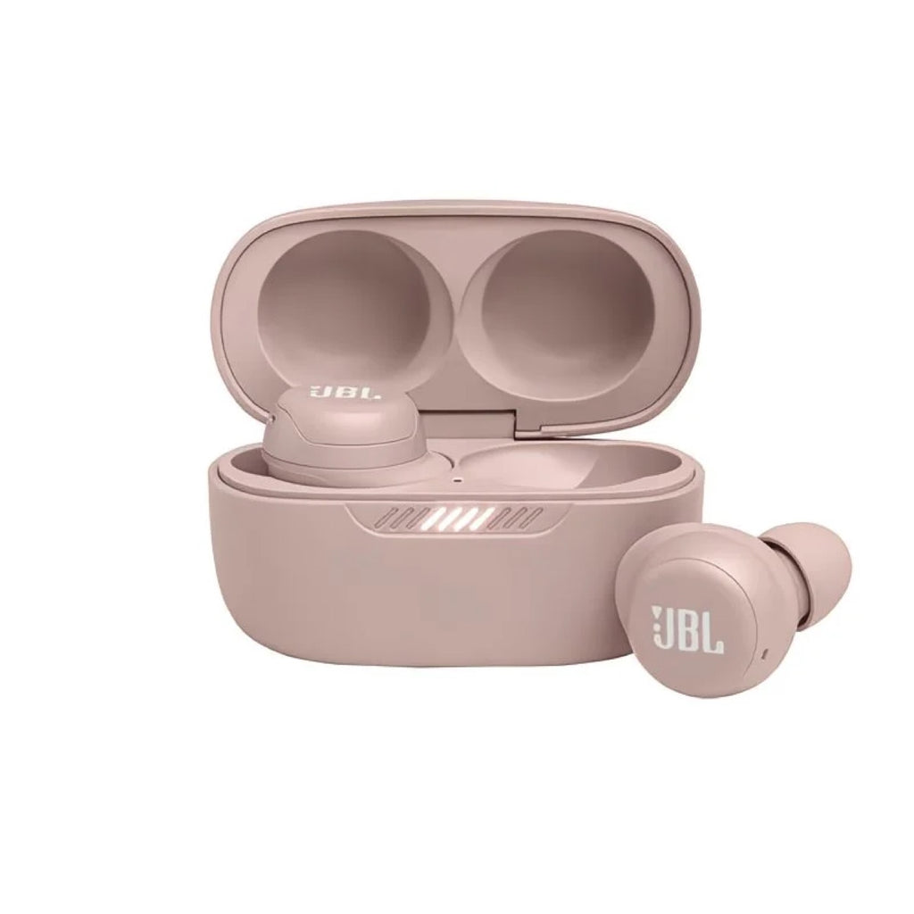 JBL LIVE FREE NC Wireless Earphones in pink, shown with open charging case displaying earbuds.