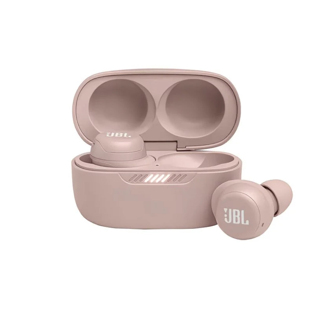 JBL LIVE FREE NC Wireless Earphones in pink, shown with open charging case displaying earbuds.