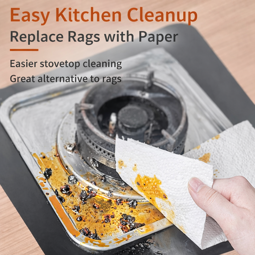 Kitchen towel cleaning stovetop; white, embossed texture; soaking up spills and debris; disposable.