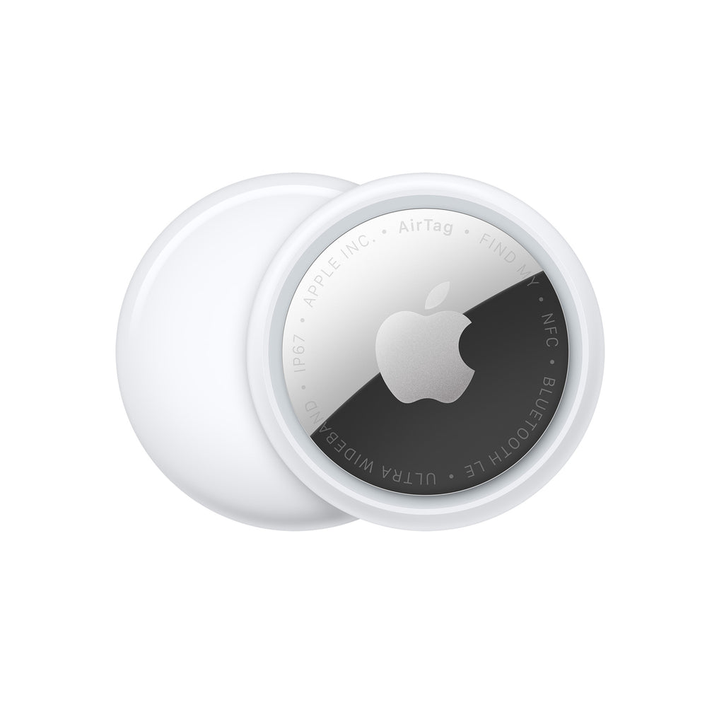 Apple AirTag 2nd Generation, silver and white, engraved logo, compact design, circular shape, front view.