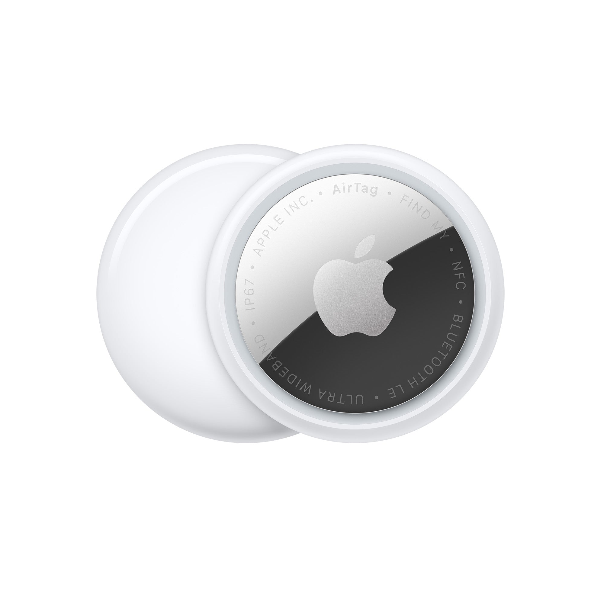 Apple AirTag 2nd Generation, silver and white, engraved logo, compact design, circular shape, front view.