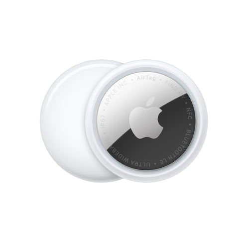 Apple AirTag 2nd Generation, silver and white, engraved logo, compact design, circular shape, front view.
