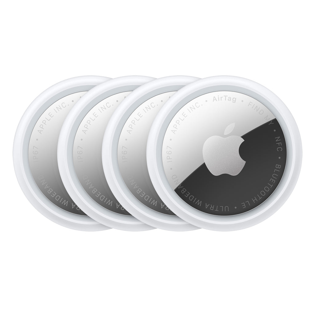 Four Apple AirTags 2nd Generation in silver and white, displaying logo and engraved text, arranged in a row.