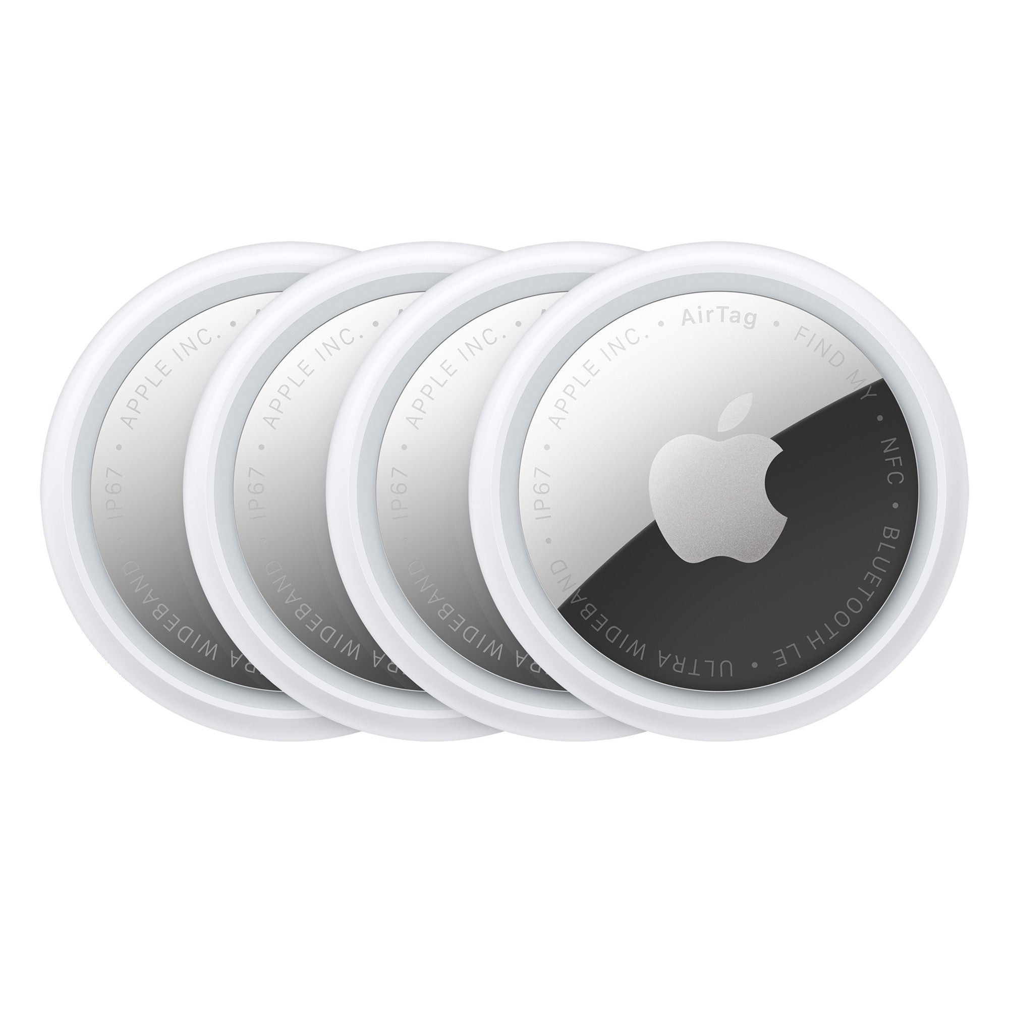 Four Apple AirTags 2nd Generation in silver and white, displaying logo and engraved text, arranged in a row.