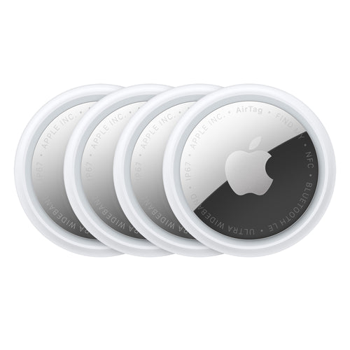 Four Apple AirTags 2nd Generation in silver and white, displaying logo and engraved text, arranged in a row.