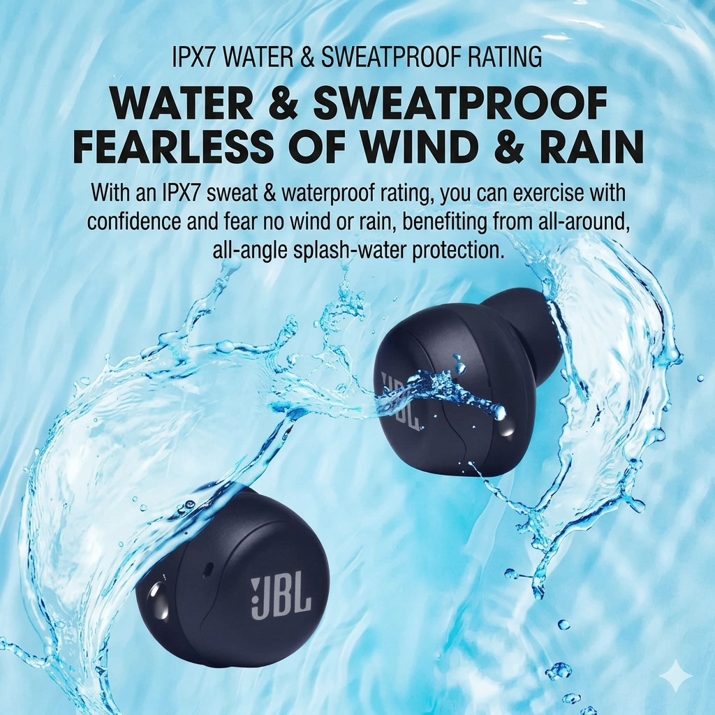 JBL LIVE FREE NC Wireless Earphones, black, in water splash background, highlighting IPX7 waterproof feature.