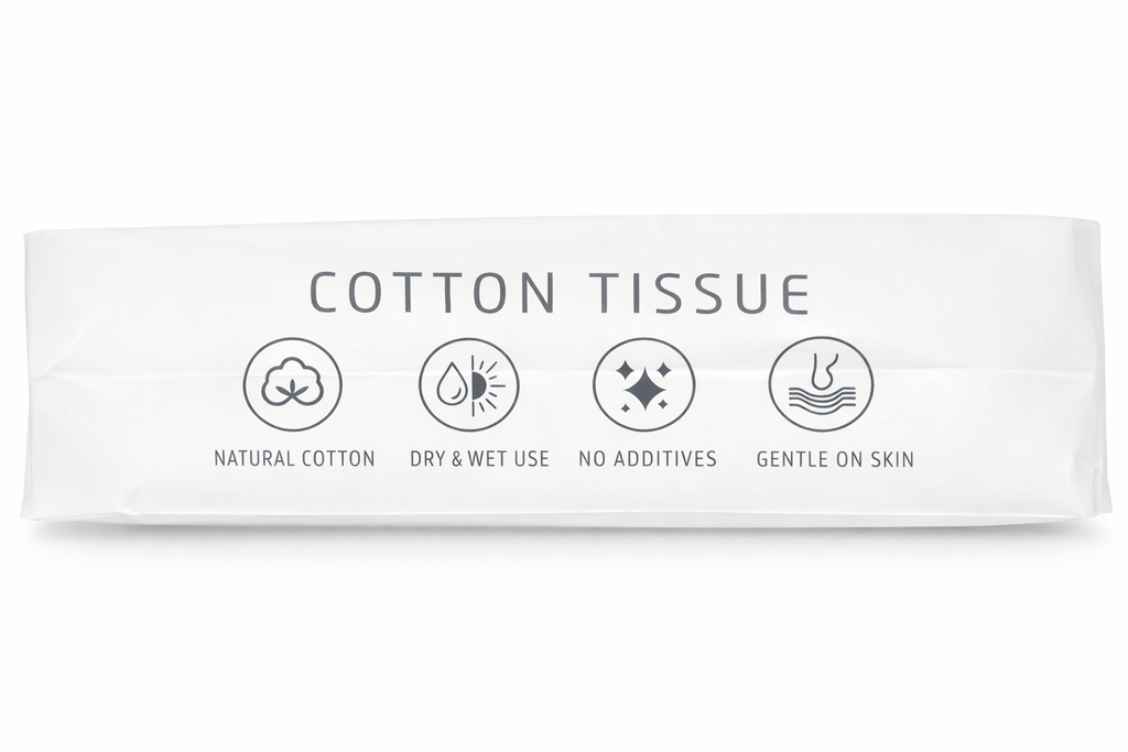 ZhiJiu Cotton Tissue pack, 30 pieces, white packaging with icons illustrating features: natural cotton, dry & wet use, no additives, gentle on skin.