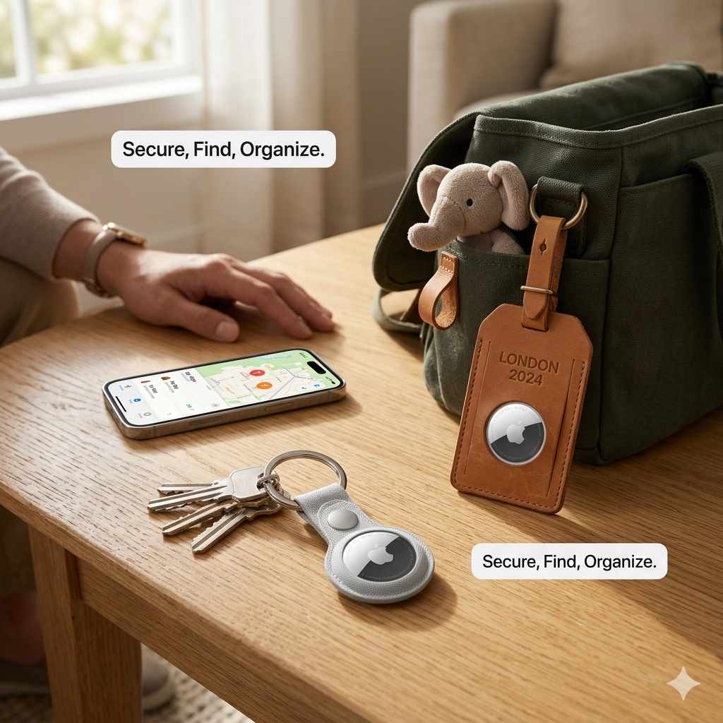 AirTag 2nd Generation on keychain, silver and black, next to green bag and smartphone on table.