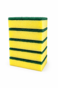 Pure Scrub Sponges package with five yellow sponges featuring green scrubbing surfaces, stacked vertically.