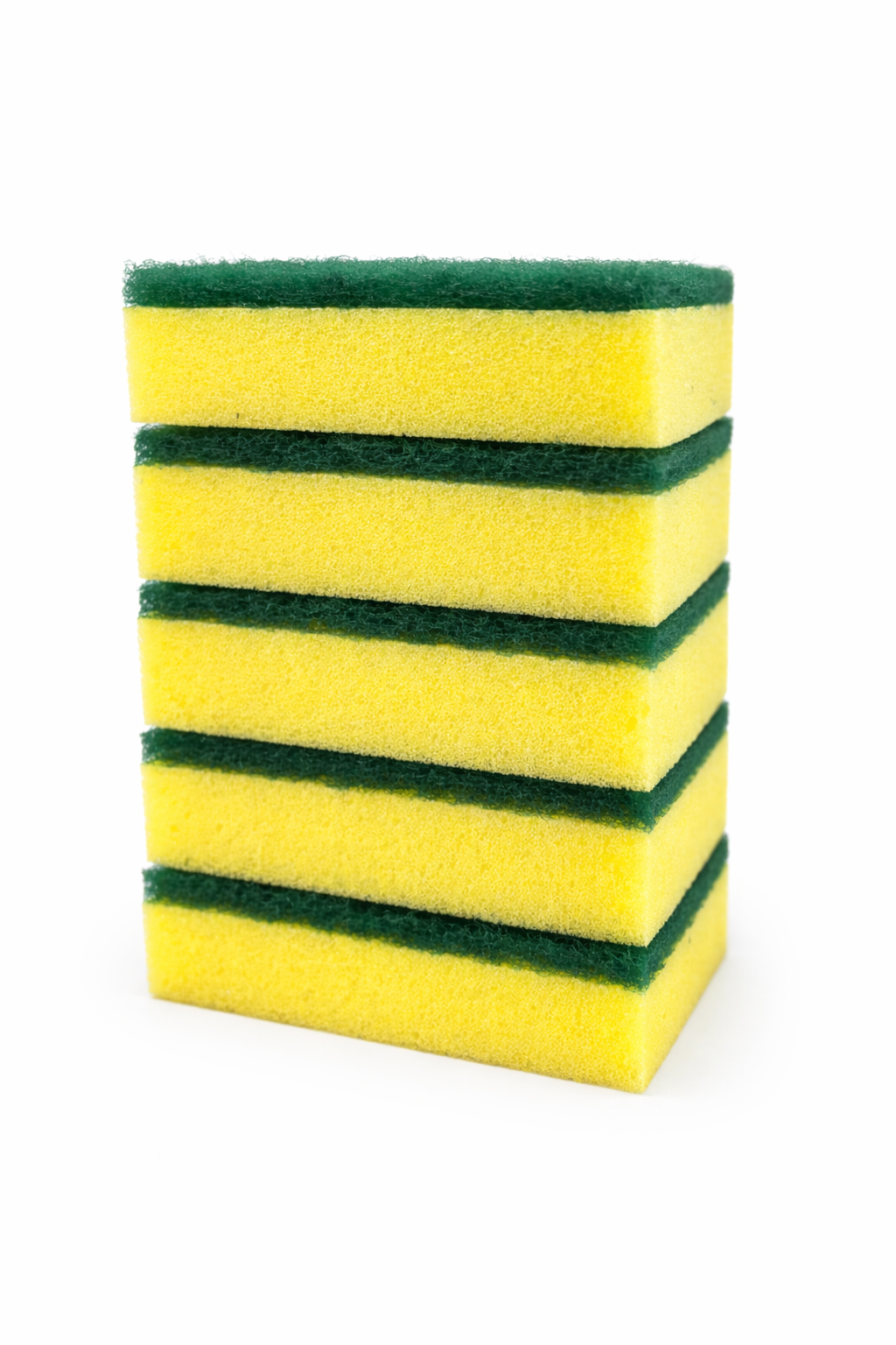 Pure Scrub Sponges package with five yellow sponges featuring green scrubbing surfaces, stacked vertically.