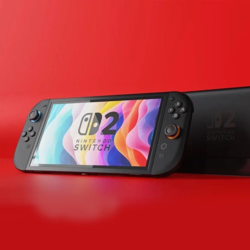 Nintendo Switch 2 console with sleek black design, colorful 7.9-inch HDR display, and Joy-Con 2 controllers.