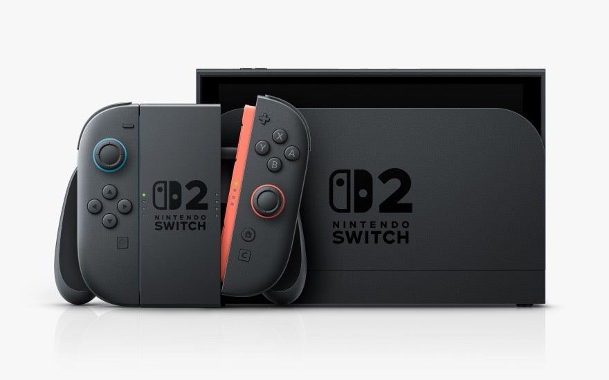 Nintendo Switch 2 with Joy-Con 2 Controllers, black dock, showcasing sleek design and advanced gaming technology.