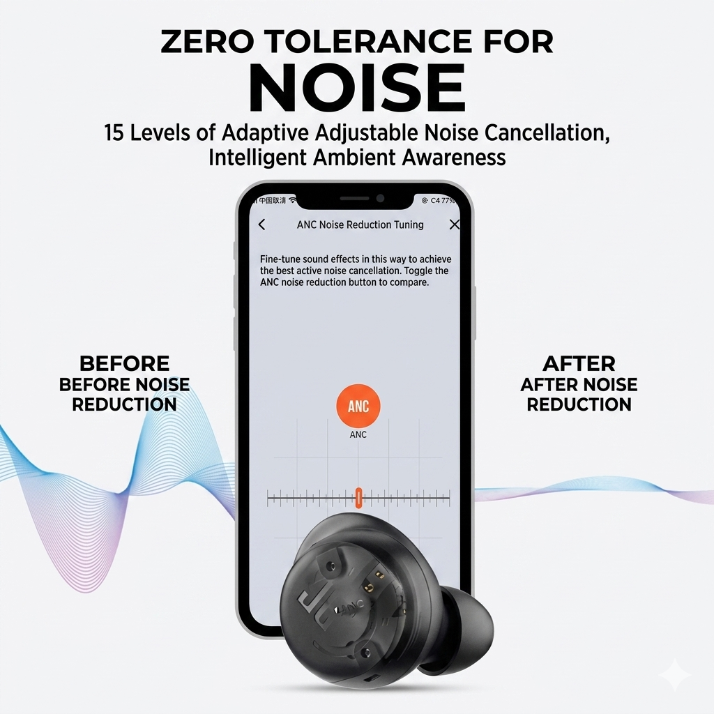 JBL LIVE FREE NC Wireless Earphones shown with noise cancellation feature on a smartphone screen.