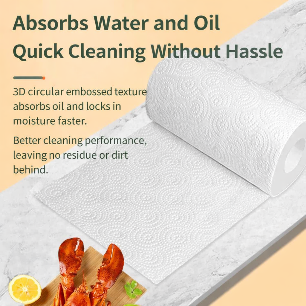 Embossed white kitchen towel roll, highly absorbent, ideal for quick cleaning in kitchens.