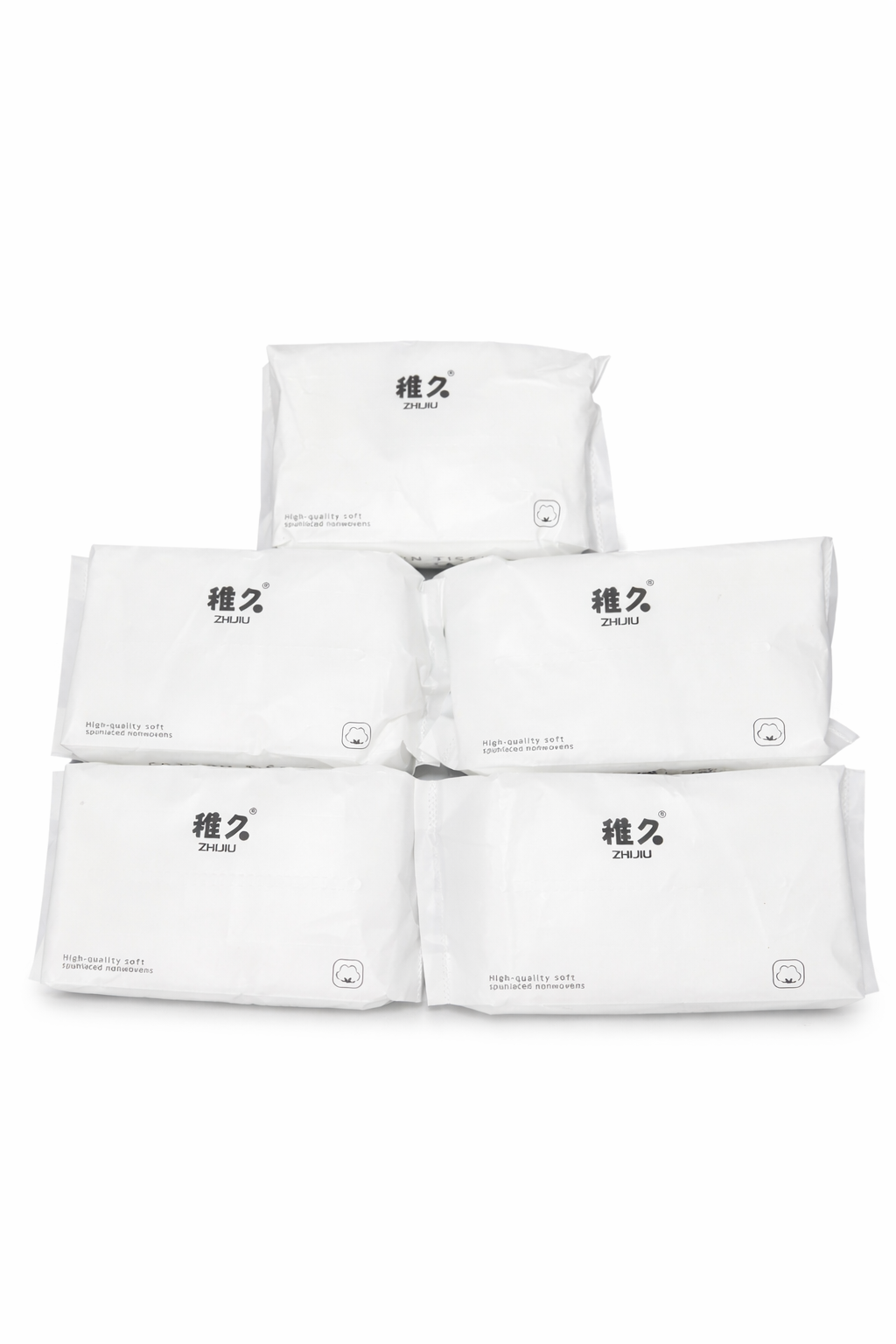 ZhiJiu Cotton Tissue pack of 5, white packaging, black text, ideal for personal care use.