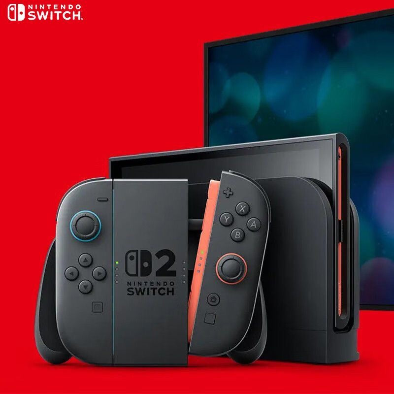 Nintendo Switch 2 console with Joy-Con 2 controllers, sleek design, red and black colors, in docking station.