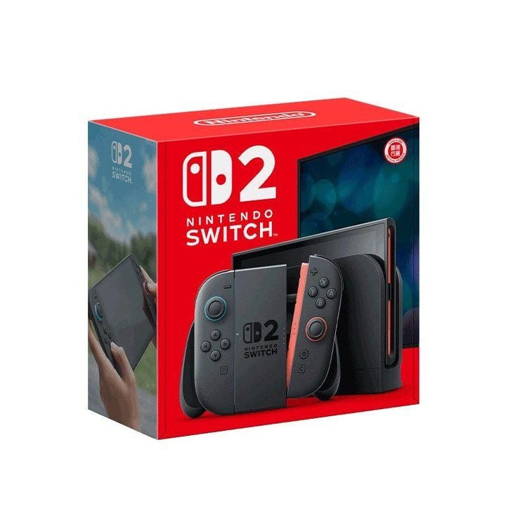 Nintendo Switch 2 packaging, featuring red box with console and Joy-Con visuals, showcasing next-gen gaming.
