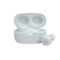 JBL LIVE FREE NC Wireless Earphones in open white charging case; minimalist design, compact earbuds visible.