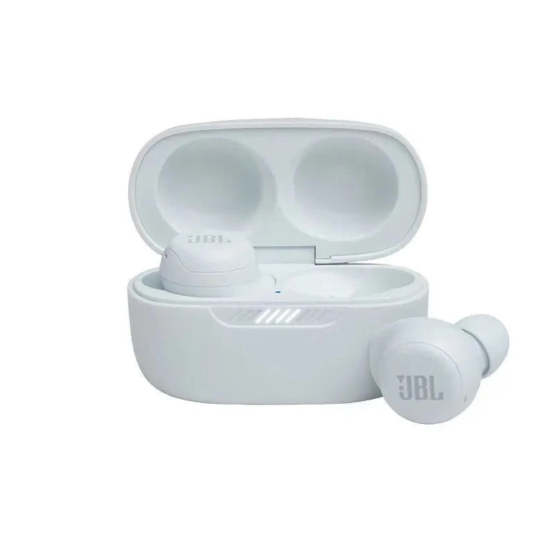 JBL LIVE FREE NC Wireless Earphones in open white charging case; minimalist design, compact earbuds visible.