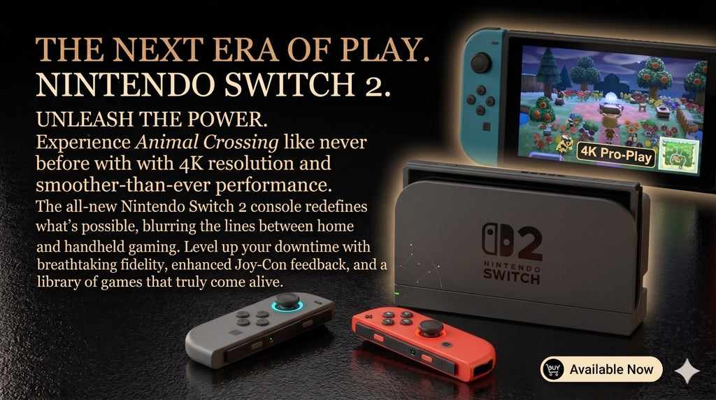 Nintendo Switch 2 console set with updated dock, controllers, and vivid handheld display on dark surface.