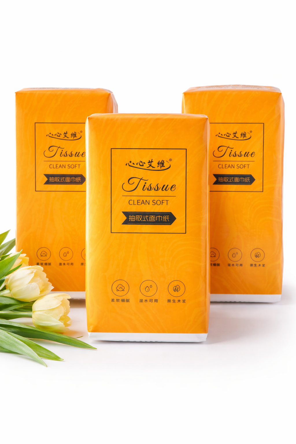 Tissue Clean Soft Pack, 1500 sheets, orange packaging, ultra-soft texture with elegant design.